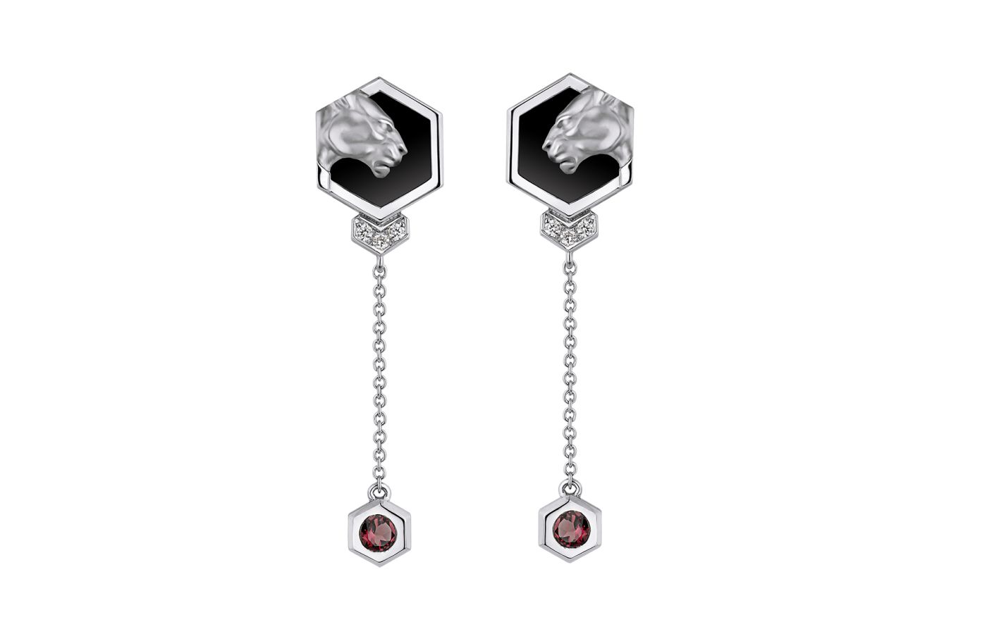 Carrera y Carrera Mini Hexagon earrings from the Origen collection with diamonds, rubellites and black onyx in 18k white gold