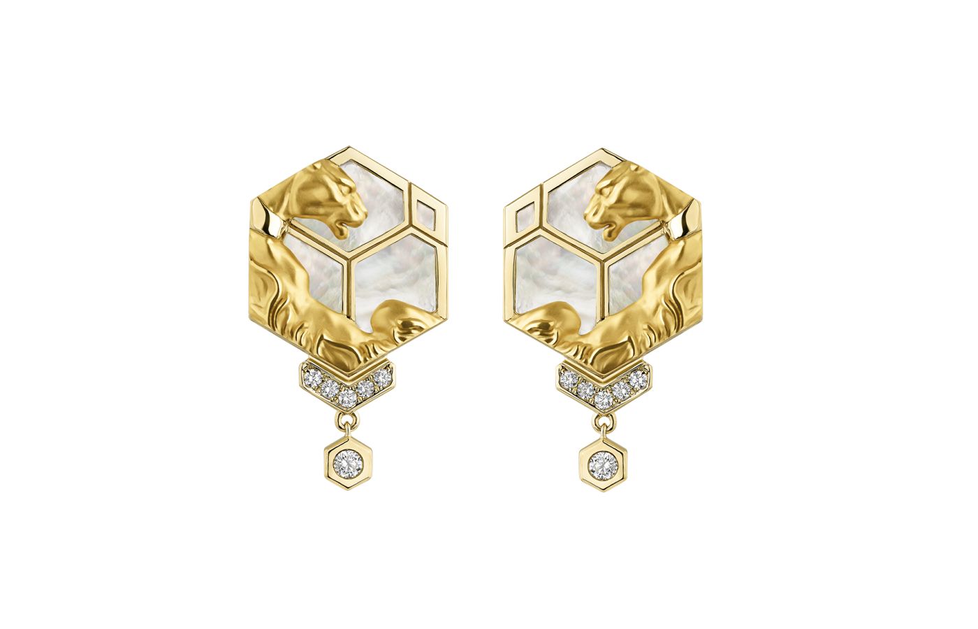 Carrera y Carrera Mini Hexagon earrings from the Origen collection with diamonds and mother of pearl in 18k yellow gold