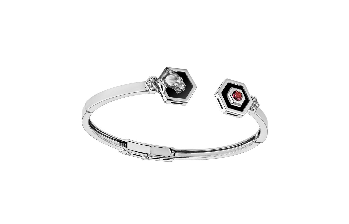 Carrera y Carrera Mini Hexagon cuff bracelet from the Origen collection with diamonds, rubellites and black onyx in 18k white gold