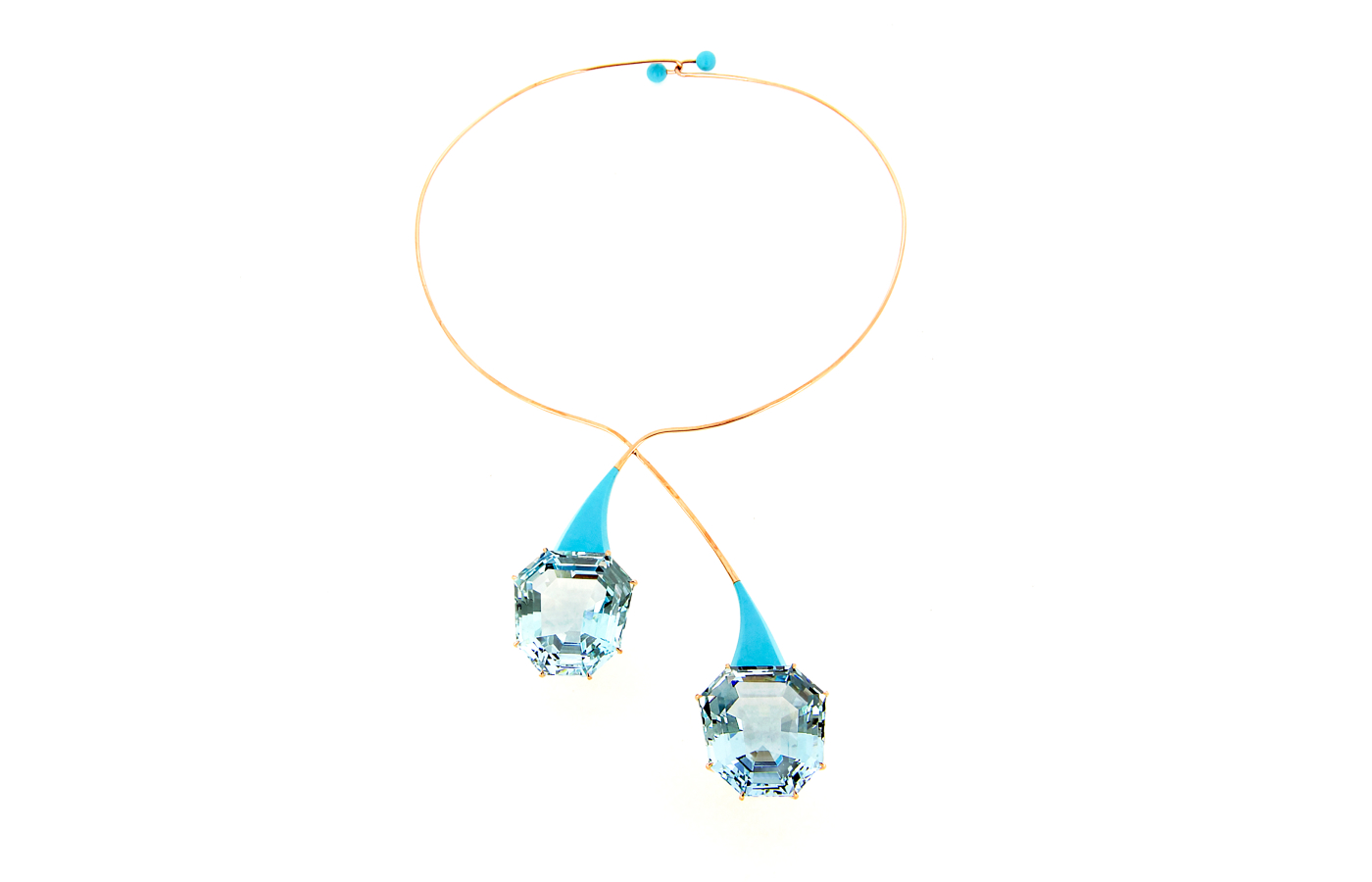 Taffin necklace in blue ceramic, rose gold, aquamarinesand turqoise