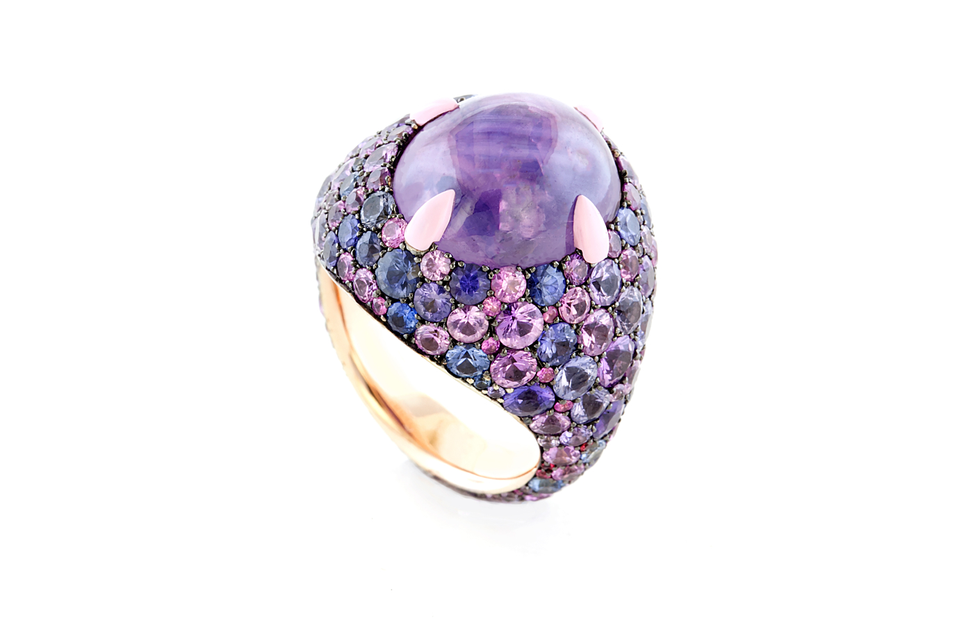 Taffin ring in pink ceramic, blackened white gold, rose gold, featuring a 17.02-ct lavander star sapphire and violet sapphires