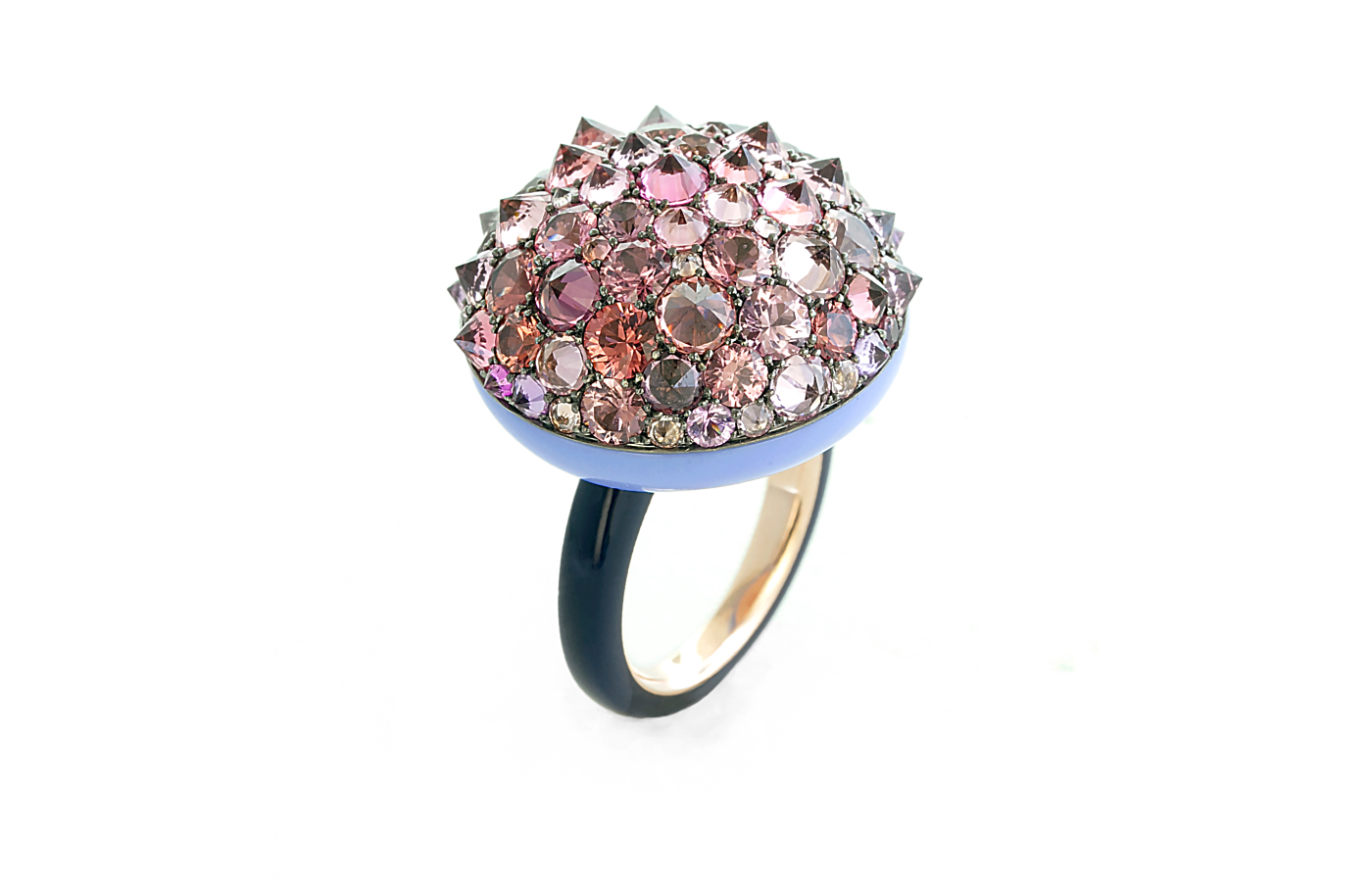 Taffin ring Columbia Blue ceramic, Midnight Blue ceramic, white gold, rose gold, reverse-set spinels and sapphires