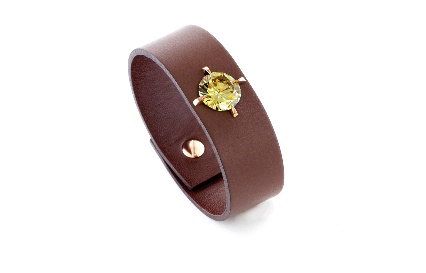 Taffin leather bracelet in rose gold, featuring an 8.21-ct fancy deep brownish yellow diamond