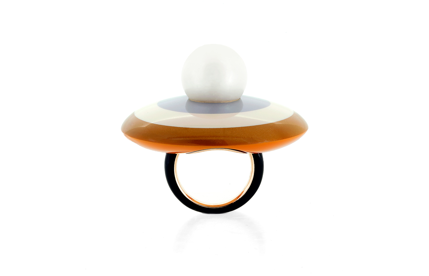 Taffin ring in rose gold, multi-colour ceramic, featuring a 23.47-ct pearl