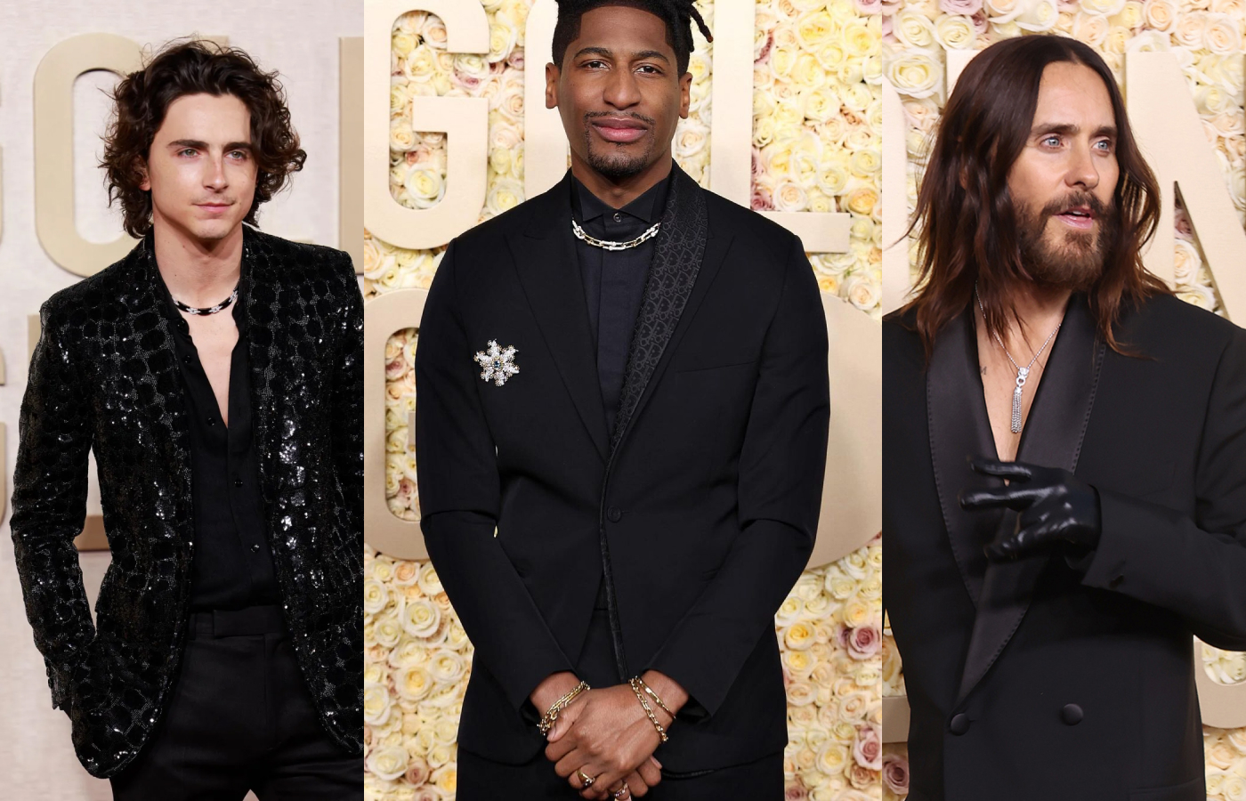  Timothee Chalamet in an 18k white gold, black ceramic and diamond necklace by Cartier; singer-songwriter Jon Batiste in Tiffany & Co. Hardwear bracelets, Lock bangle, and a Jean Schlumberger aquamarine Starfish brooch, and Jared Leto in a Panthère de Cartier necklace 