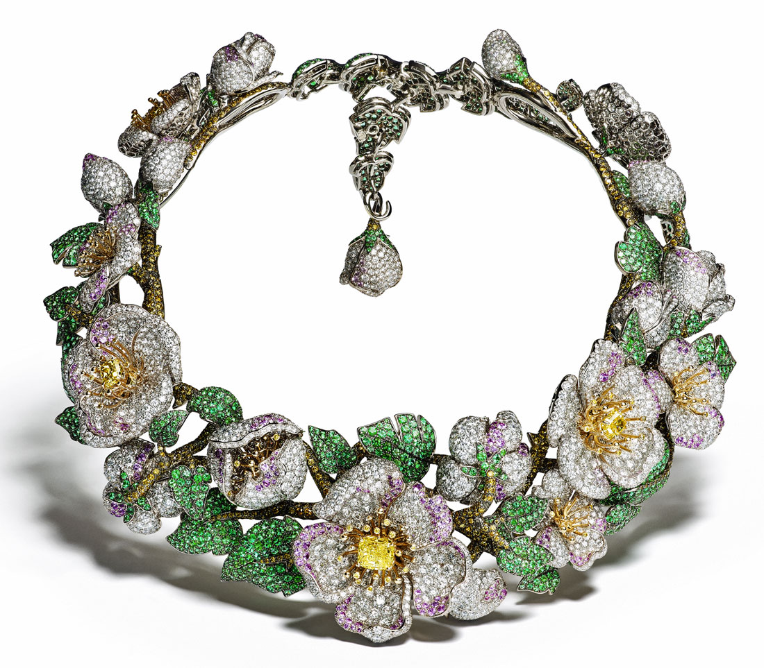 Giampiero Bodino Simonetta necklace from the Primavera collection. It features five intense and vivid yellow diamonds of 6.43 cts in total, white and cognac diamonds as well as pink sapphires and emeralds set in white and yellow gold. Photo credit: Laziz Hamani