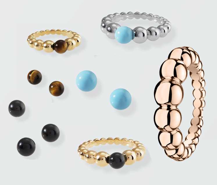 Perlee Couleurs rings in white and yellow gold with tiger’s eyes, turquoise and onyx