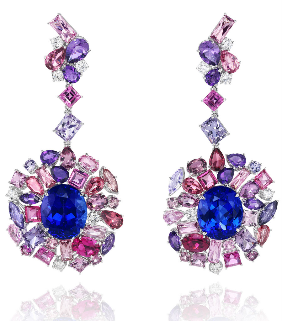 Earclips from the Red Carpet collection in 18ct white gold set with two oval-shaped blue tanzanites, multicoloured spinels, tourmalines, amethysts and diamonds