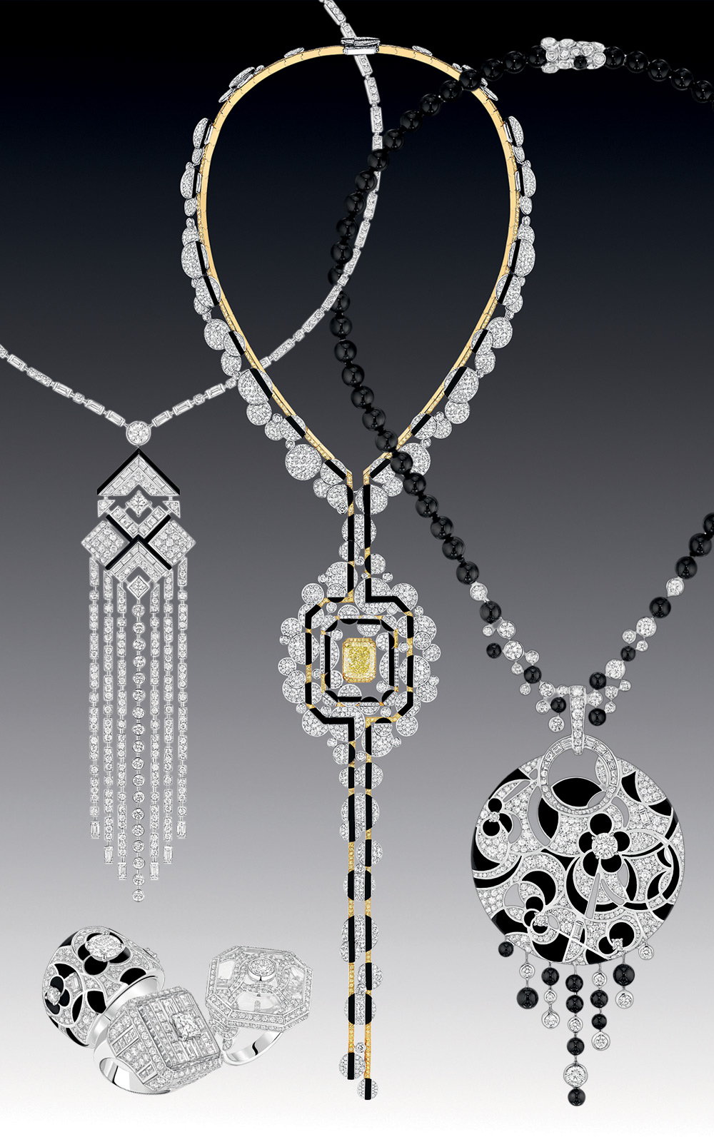 Necklaces from left to right: Charlestone, Morning in Vendome, Midnight. Rings from left to right: Midnight, Broadway, Smoking