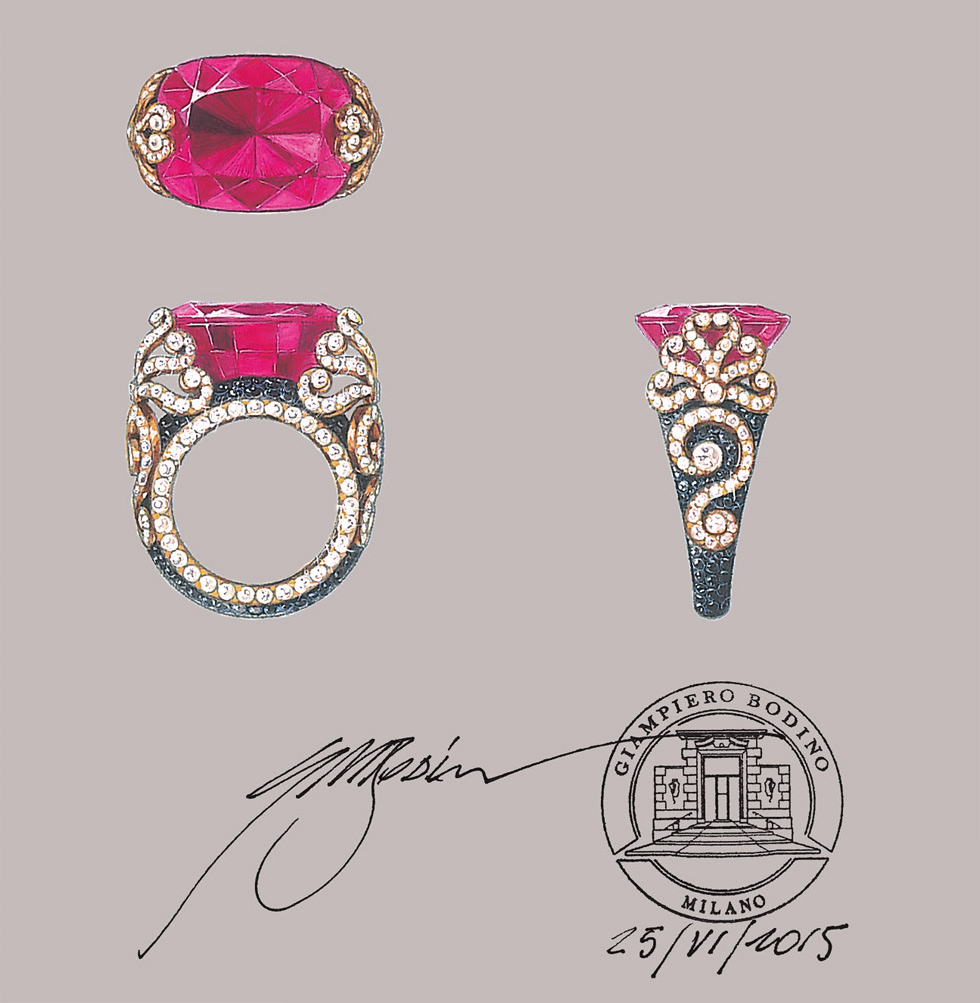 Giampiero Bodino bespoke order for a ring with a red spinel – 23.16 cts, black spinels and diamonds set in rose gold